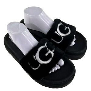 UGG WOMEN'S LATON PLATFORM SHOES US 10 SHEARLING SLIDE SANDALS BLACK OPEN-TOE